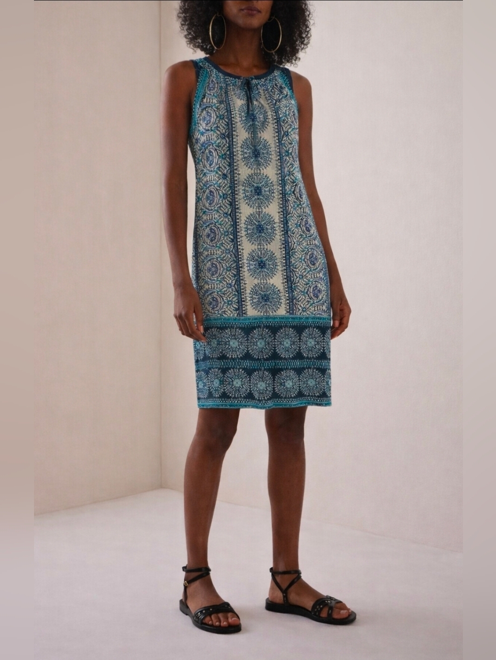 London Times Navy and Cream Printed Sleeveless Midi Dress Size 4 NEW